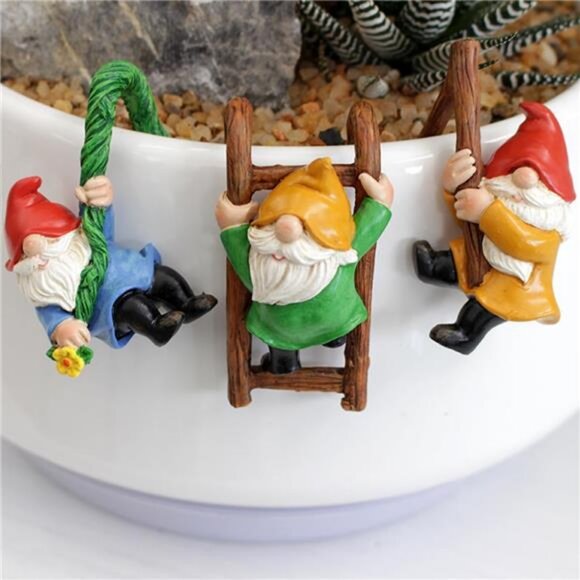 Set of 3 Garden Gnome Statues for Plant Pots Whimsical Climbing Dwarf Figurines - Picture 2 of 7